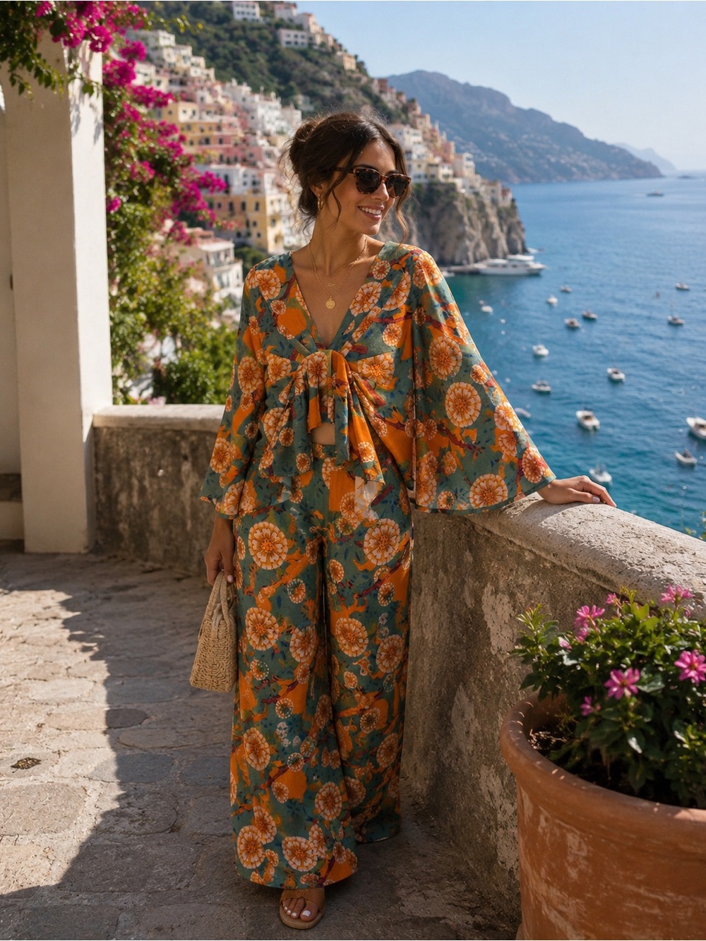 NWT Beulah Orange Floral Boho 2-Piece Set Bell Sleeve Tie Top & Wide Leg Pants S